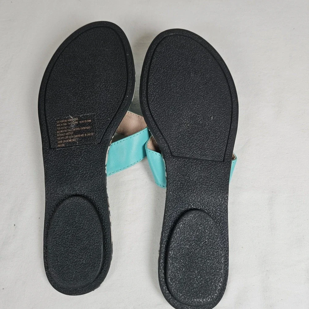 Turquoise Faux Leather Thong Sandals Gold Ring Leopard Trim Flat Slides Size 9